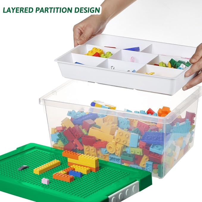 Plastic Storage Bins with Lids - 1 Set Stackable Arts Crafts Organizer Box with Removable Divided Tray &Compatible Building Baseplate,Toy Chest Containers for Bricks - (14.37"x9.64"x6.69")
