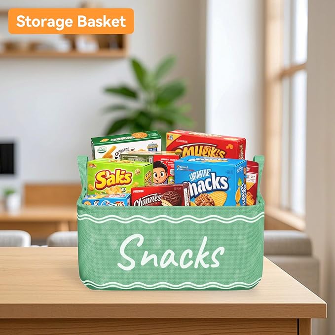 Snack Basket for Pantry & 5 Seal Clips - Snack Bin Organizer for Countertop - Imitation Linen Snack Storage Containers for Storing Chips, Pretzels, Cookies, Popcorn and more (1, Green)