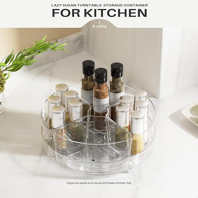 2 Pack Lazy Susan Organizer, 9 inch Rotating Storage Organizer with 4 Removable Bins, Lazy Susan Turntable Organizer for Fridge, Kitchen, Vanity, Cabinet