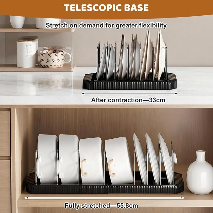 Expandable Pot Rack Organizer, 12 Adjustable Compartments, Pot and Pan Organizer Rack for Cabinet with Cup Brush Dividers, 13 -22" Wide Adjustable Pan Organizer - Pantry Countertop Storage (Black)