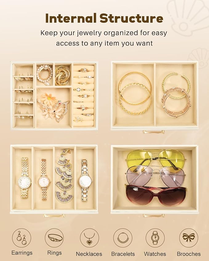 Enthralite Jewelry Box with 3 Drawers : Jewelry Display Organizer for Earrings Necklaces - Gift for Girls Women | White