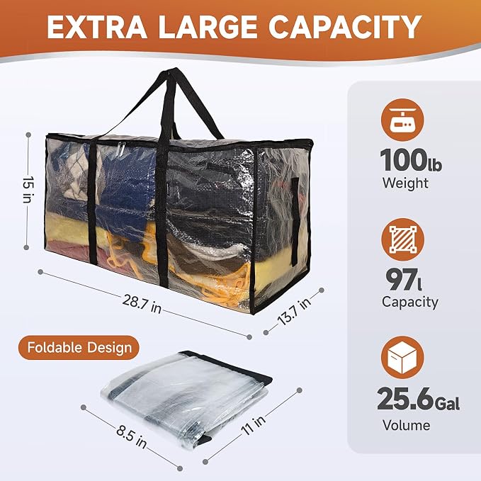 CONGREGATE 8 Pack Heavy Duty Semi-Transparent Extra Large Moving Bags, 97L/25.6Gal PP Totes w/Reinforced Handles & Metal Zippers, 28.7"x13.7"x15" Foldable Moving Boxes For Home Dorm Storage