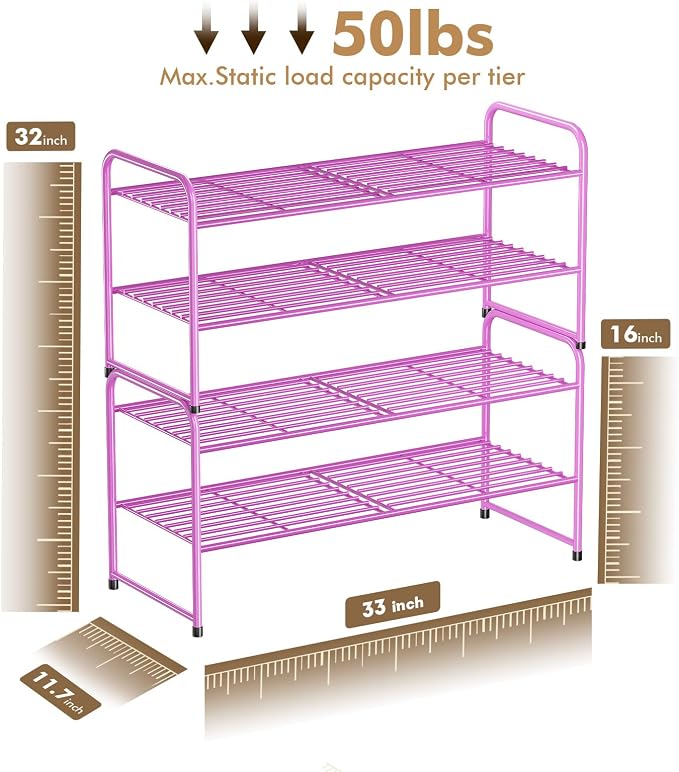 2 Pack Shoe Rack, 2-Tier Metal Stackable Shoe Shelf Storage Organizer, Heavy Duty Wire Shoe Stand for Entryway, Closet, Hallway, Holds 50 LBS, Pink
