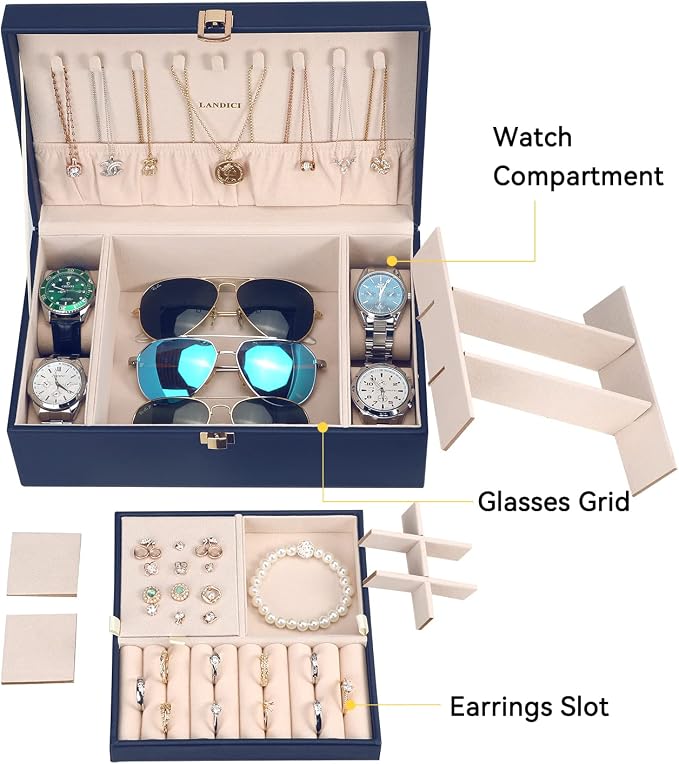 LANDICI Jewelry Box Organizer for Men Women, 2 Layer 4 Slot Watch Storage Case with Removable Tray, PU Leather Large Jewellery Holder Display for Watches Sunglasses Rings Earrings Necklace,Dark Blue