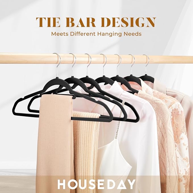 HOUSE DAY Premium Velvet Hangers 60 Pack, Non-Slip Hangers with Tie Bar | Elegance Black Standard Clothes Hanger Slim Felt Hanger with 360° Swivel Hook for Closet Organized Storage，72g/Pc