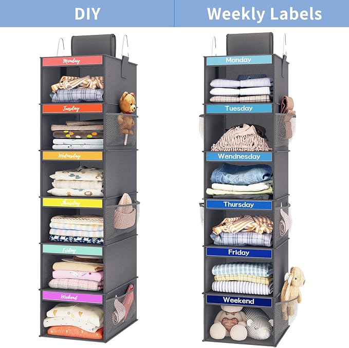 Weekly Kids Clothes Organizer 6-Shelf Hanging Closet Storage Dark Grey