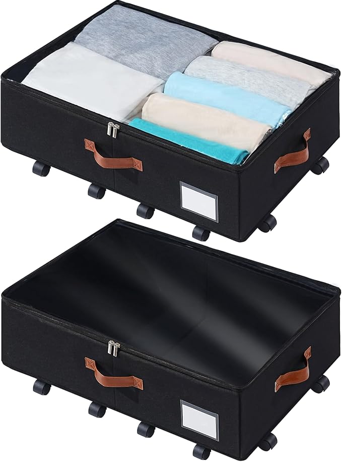 Freebat Under Bed Storage Organizer with Wheels 2 Pack, 7.5 inches Height Underbed Container with Clear Lid Cover, Storage Bag Box with Visiable Window for Clothes, Bedsheet, Pillow
