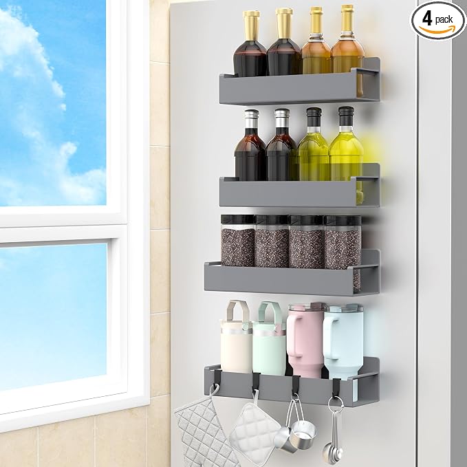 HuggieGems 4 Pack Magnetic Spice Rack Organizer for Refrigerator and Oven, Dark Grey Fridge Organizers and Storage for Kitchen