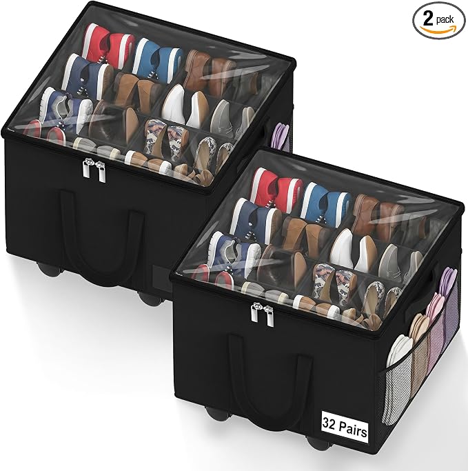 2 Pack Large Shoe Organizer for Closet, 32 Pairs Shoe Storage Box with 360° Wheels & Reinforced Handles, Adjustable Dividers, Clear Cover, Side Pocket, Foldable Oxford Fabric Bin for Entryway, Black