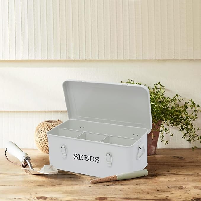 Seed Saving Box, Metal Seed Bin, Seed Storage Organizer, Seed Packet Container with Lid, Seed Envelope Storage Box, 4 Compartments Garden Seed Bin with Safety Locks-White