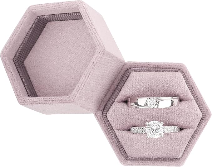 DesignSter Hexagon Velvet Ring Box - Premium Gorgeous Vintage Double Ring Display Holder with Detachable Lid for Proposal, Engagement, Wedding, Ceremony(Vintage purple)