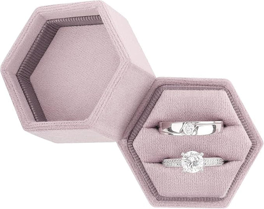 DesignSter Hexagon Velvet Ring Box - Premium Gorgeous Vintage Double Ring Display Holder with Detachable Lid for Proposal, Engagement, Wedding, Ceremony(Vintage purple)