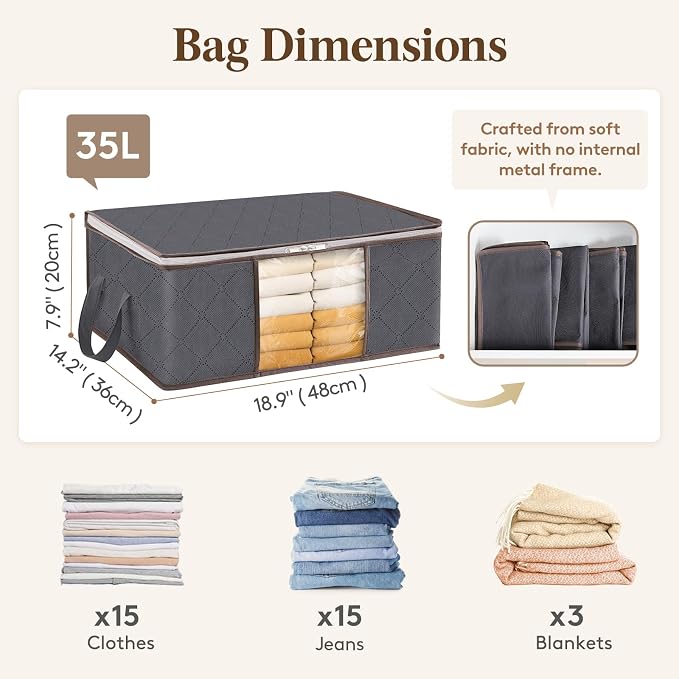 Lifewit 4 Pack 35L Clothes Storage Bins with Lids, Foldable Blanket Storage Bags with Zippers, Clear Window and Reinforced Handles, Closet and Organization for Clothing, Sweater, Comforter, Bedding