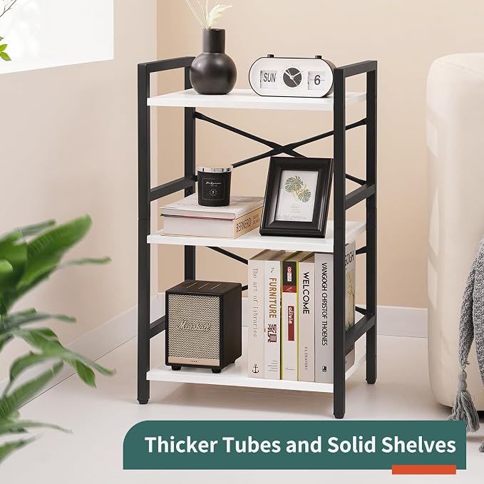 Yoobure Bookshelf Small Book Shelf, Solid Industrial 3 Tier Shelf Bookcase, Short Book Case for Bedroom, Living Room, Office Home, Small Spaces, Easy Assembly, White