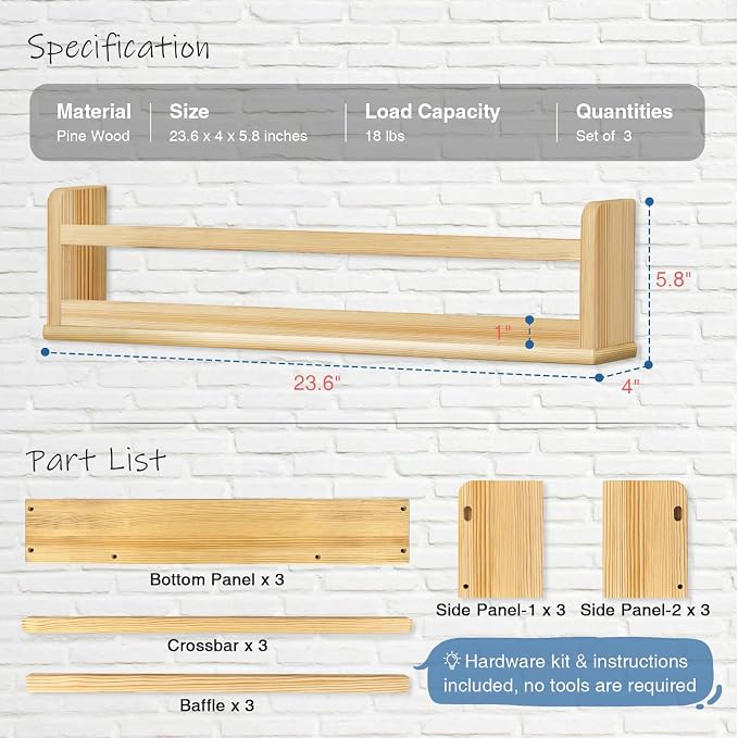 Harwaya Natural Wood Wall Bookshelf for Kids Bedroom Set of 3, 24 Inch Wooden Floating Nursery Book Shelves for Baby Boy Girl Room, Wall Mounted Toddler Book Shelf for Toy Organizers and Storage