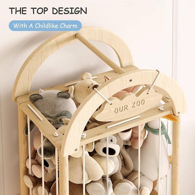 Arched Stuffed Animal Storage Organizer, Wooden Stuffed Animal Zoo Holds 50+ Plush Toys, FSC Pine Wood Plush Toy Holder with Thick Elastic Cords, Open Bottom Cubby for Kids Room Nursery Playroom