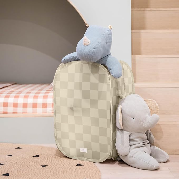 3 Sprouts Pop Up Hamper - Collapsible Laundry Basket, Popup & Foldable Design - Durable Waterproof Fabric for Dirty Clothes, Toys & Towels - Ideal for Dorm, Bedroom & Baby Nursery, Checkerboard Beige