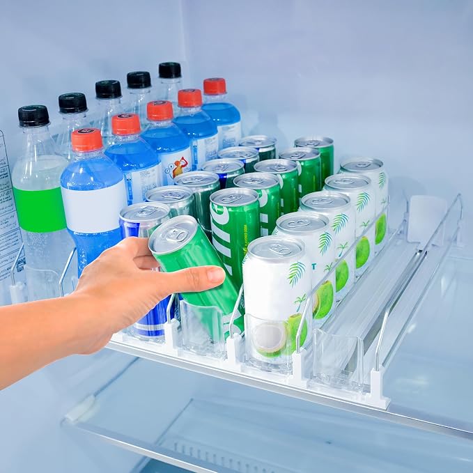 Upgraded Premium Drink Organizer for Fridge. Ultra Space Saving Soda Can Organizer with Larger Stopper Height and Automatic Pusher with Locking Feature. Holds 30 Cans (6 Rows, White)