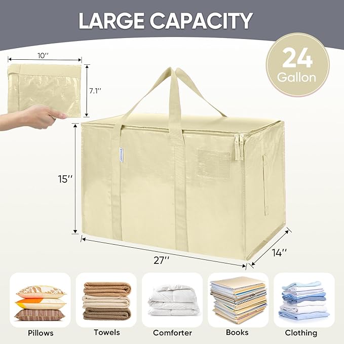 TICONN 4 Pack Extra Large Moving Bags Heavy Duty with Zippers & Carrying Handles, Durable Storage Bags Moving Boxes for Closet Organizers and Storage (4 Pack, Cream)
