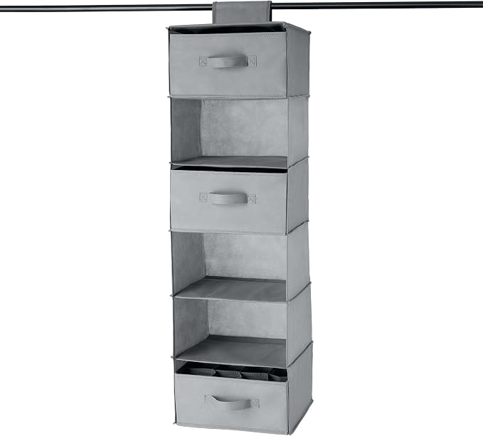 Amazon Basics 6-Tier Hanging Closet Organizer with Removable Drawers for Sweaters, 6.9"D x 13.6"W x 12.2"H, Grey