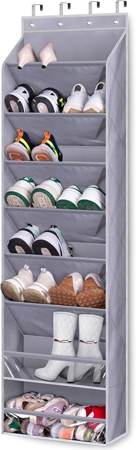 KEETDY Over the Door Shoe Organizer Fit 20 Pairs Sneakers Large Hanging Shoe Rack for Closet Door, Deep Shoe Storage Holder for Boots, Heels, Grey