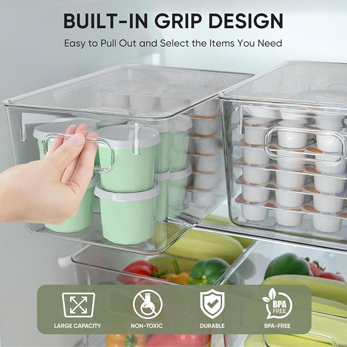 BALEINE Clear Stackable Storage Bins with Lids, Plastic Containers with Handle for Pantry Organizers and Storage, Plastic Bins for Fridge, Kitchen, Bathroom, Cabinet (13x7.4x7, 8PK)