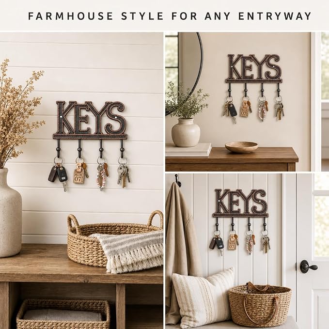 Comfify Copper-Black Cast Iron Key Holder for Wall – Keys Sign with 4 Hooks | Warm copper and black antique finish; mounting hardware included; entryway, hallway or door; 6"H x 8"L; holds 8 keychains