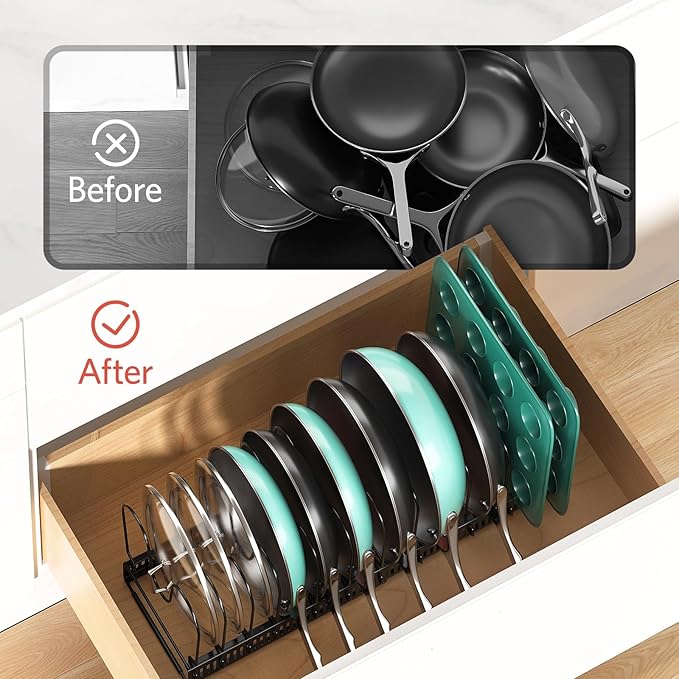 ORDORA Pots and Pans Organizer Under Cabinet, Expandable 11.8"-22.8" Pot Lid Holder with 14 Adjustable Dividers, Pan Organizers inside Cabinet for Kitchen Cookware Bakeware, Black