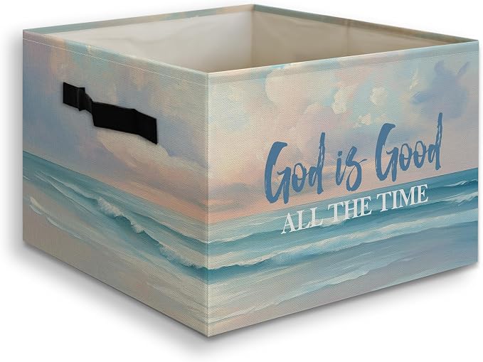 Christian Coastal Beach Foldable Storage Bins Box with Handles, God Is Good All the Time Bible Verse Religious Collapsible Organizer Basket for Christian Home Room Clothes Toys Books