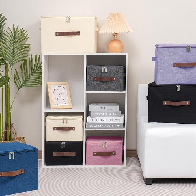 Storage Bins with Zipper Lid Foldable Fabric Lidded Storage Boxes Baskets Cubes Washable Collapsible PU Leather Handle Cotton Linen Shelves Closet Organizer Container(Pink, Small Size)