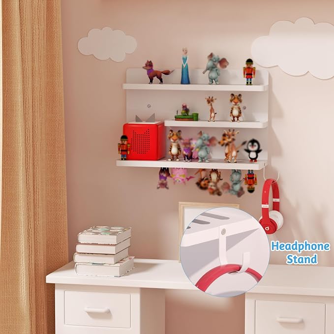 for Tonies Shelf Magnetic - 3 Tier Wooden Tonies Figure Organizer, White | Tonies Box Holder, Magnetic Display Shelf for Kids Room, Wall Floating Shelves Toy Storage Compatible Charging Station