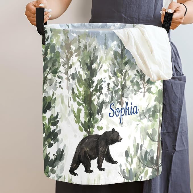 Laundry Basket Forest Bear Custom Name Laundry Bag Hamper Collapsible Oxford Cloth Home Storage Bin with Handles