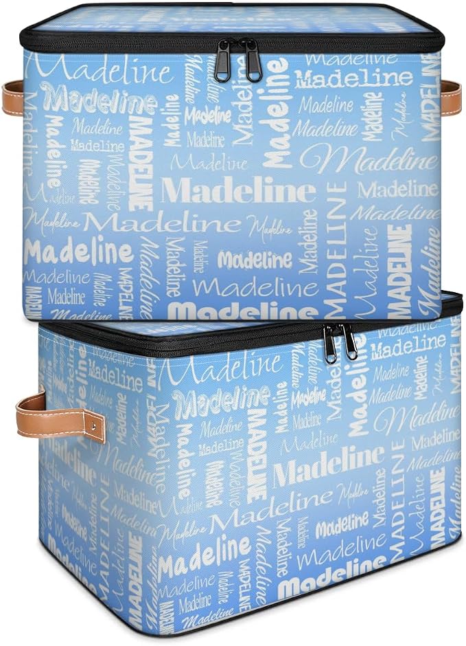Custom Storage Basket with Name, Personalized Keepsake Box with Zipper Lid, Foldable Fabric Memory Bin Large capacity with Handle Blue