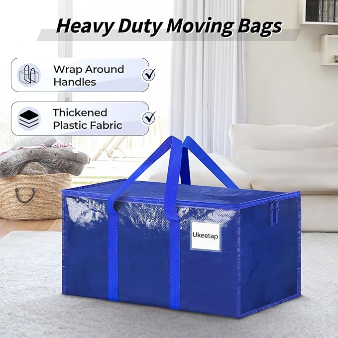16 Pack Extra Large Heavy Duty Moving Bags, Blue Storage Bins with Lids, Reinforced Handles & Heavy-Duty Zippers Moving Boxes Storage Bags Totes for Clothes Packing, Dorms, College Supplies, Blue