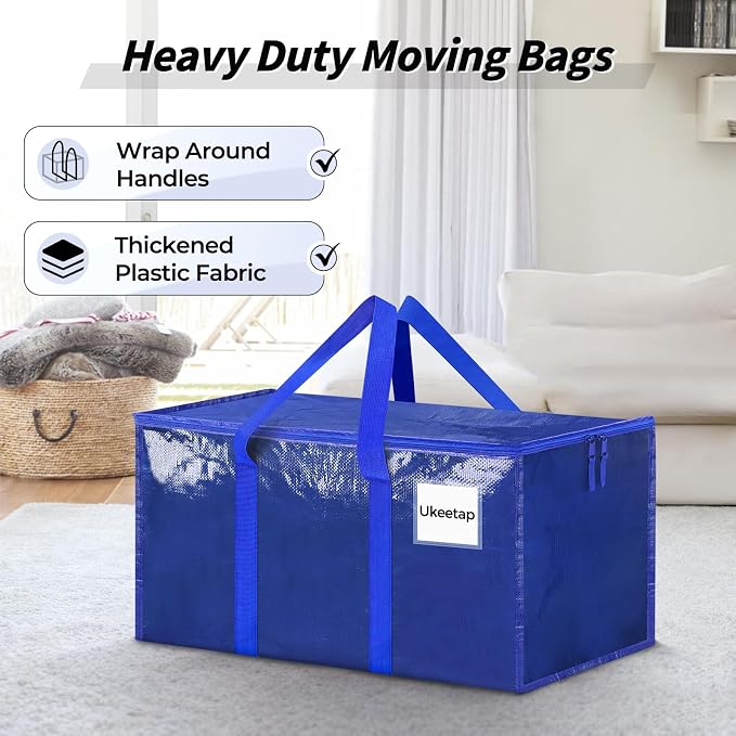 8 Pack Extra Large Heavy Duty Moving Bags, Blue Storage Bins with Lids, Reinforced Handles & Heavy-Duty Zippers Moving Boxes Storage Bags Totes for Clothes Packing, Dorms, College Supplies, Blue