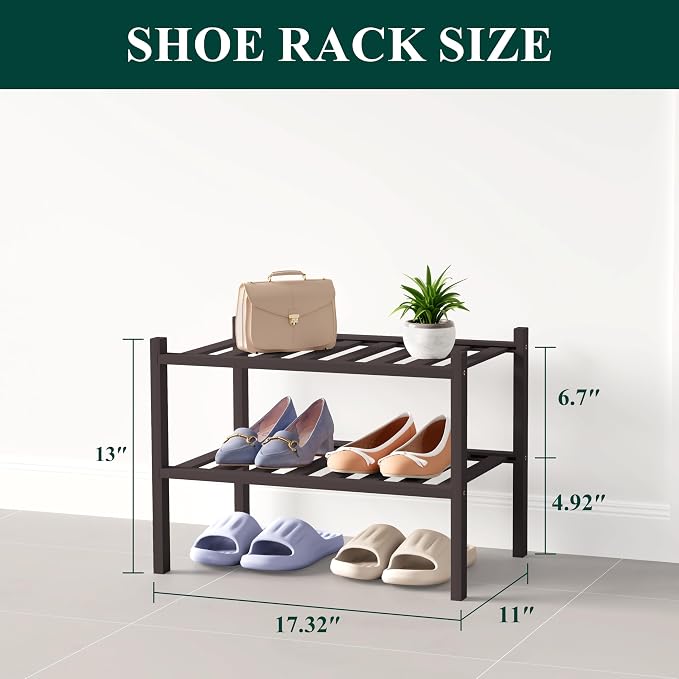 Smiry Bamboo Shoe Rack for Closet, 2 Tier Small Wooden Shoe Organizer, Stackable Wood Shoe Storage Shelf for Entryway, 14 Vertical Slats, One-piece Heavy-Duty Legs, 17.32"x11.02"x12.99", Brown