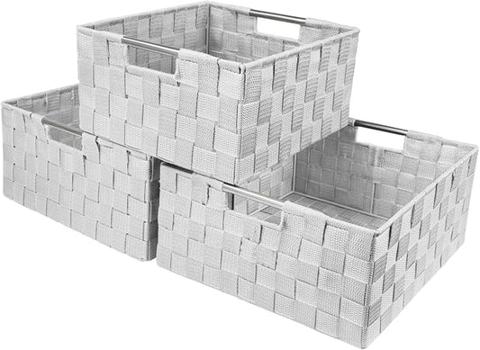 Sorbus Storage Box Woven Basket Bin Container Tote Cube Organizer Set Stackable Storage Basket Woven Strap Shelf Organizer Built-In Carry Handles (White)