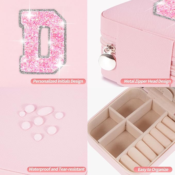 Uygafly Personalized Jewelry Case for Women Girls - Fashion Mini Jewelry Boxes - Trendy Travel Jewelry Organizer with Initials Letter - Teen Gifts | Pink,D