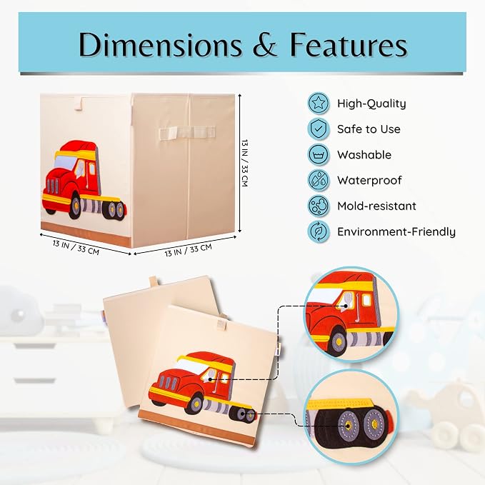 Washable Toy Organizers and Storage, Canvas Toy Chest Organizer Foldable Kids Toy Storage Organizers for Child's Bedroom or Playroom -13x13x13 Inch (Truck)
