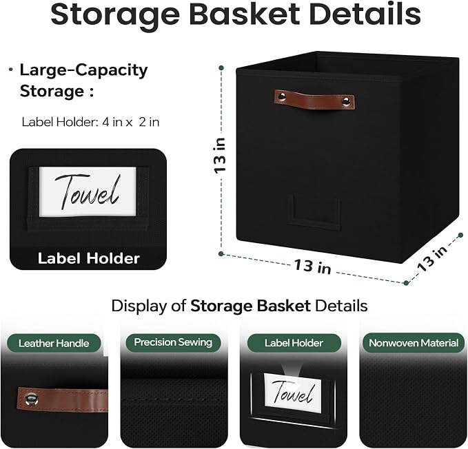 FinishingBo 6-Pack Storage Cubes with Handles & Label Holders Basket, Closet Cube Home Organizer Bins(Black, 13 x 13 x 13 inch)