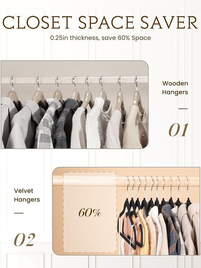 Black Velvet Hangers 70 Pack, Non Slip Felt Slim Hangers for Space Saving | 360° Silver Hooks; Shoulder Notches; Heavy Duty for Coats, Suits, Dresses, Shirts, Jackets and Pants for Closet Organizer