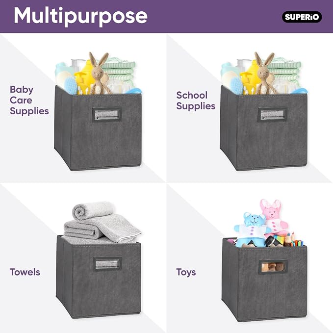 Superio Collapsible Storage Bins For Organization and Storage, Closet Organizers and Storage, Dorm Room Storage, Storage Containers, Laundry Room Organization, Grey 6-pack
