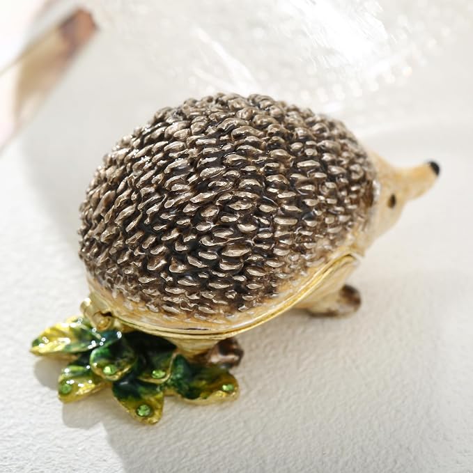 Hand Painted Animal Trinket Box for Home Decor, Hinged Jewelry Organizer Storage, Unique Personalized Collectible Keepsake Figurine Handmade Decorative Ornament Gifts (Hedgehog)