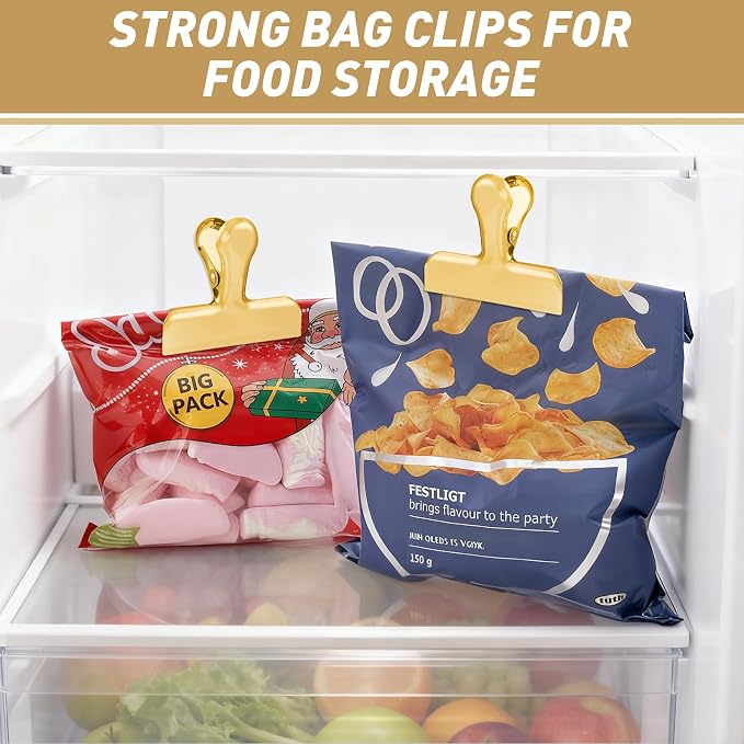 Funfery Chip Clips Bag Clips Gold Stainless Steel Clip for Food Storage,Air Tight Seal Chip Bag Clip 3 Inch Strong Food Clipp for Snack,Chips,Kitchen Decor,Home&Office Paper Heavy Duty-8 Pack