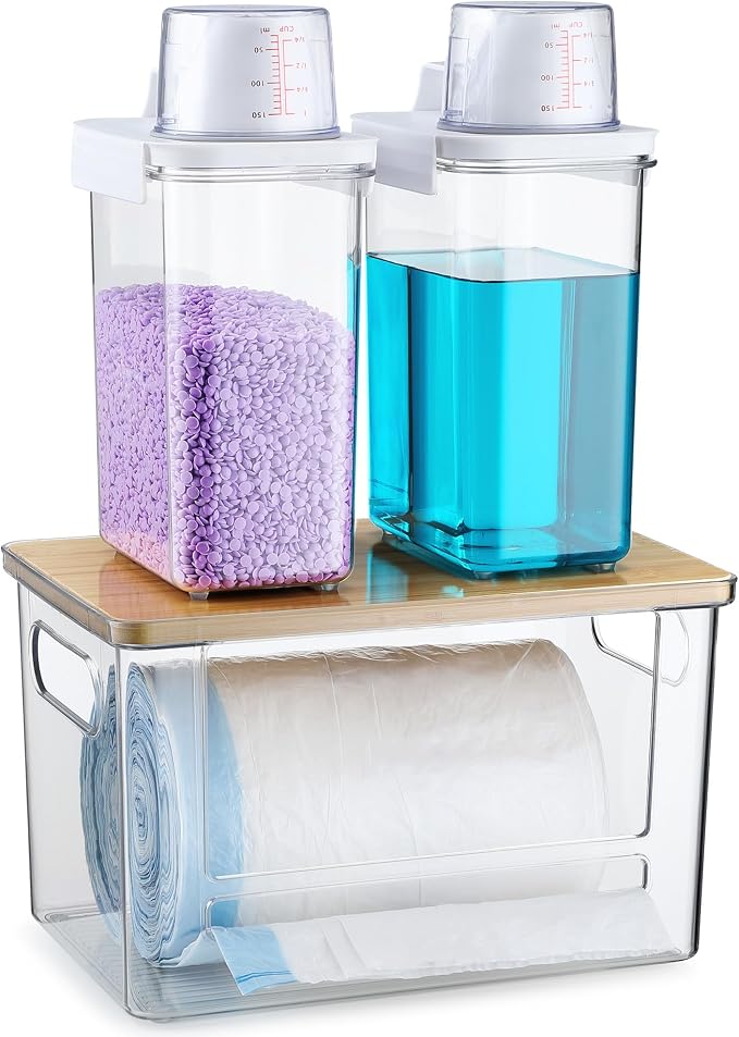 Trash Bag Dispenser Holder, 3-in-1 Laundry Detergent Dispenser Under Sink Organizer Box & Bamboo Lid, Clear Laundry Room Organization and Storage, Kitchen Garbage Bags Storage Container