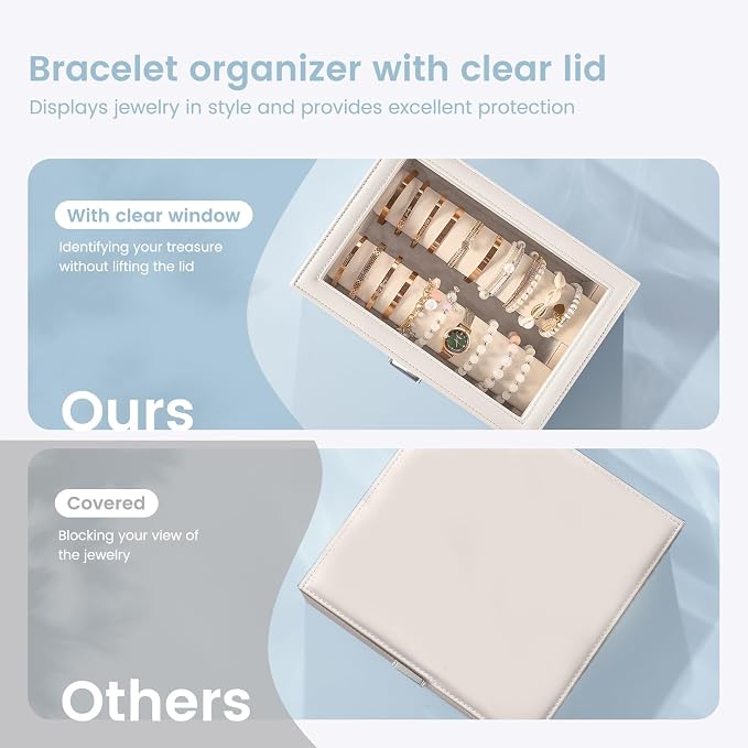 Lolalet Bracelet Display Holder with Rods for Bangles Watches, Clear Lid Jewelry Organizer Box Storage Case for Women Girls -Beige, 2 Rolls