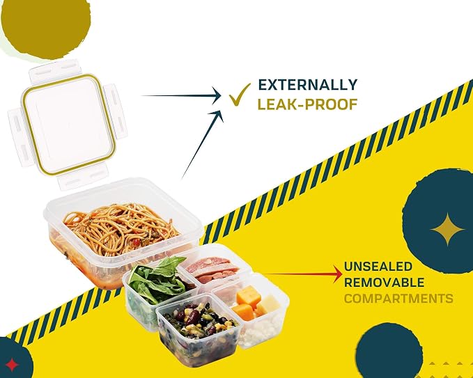 Komax Biokips Snack Containers – Bento Box Meal Prep Container Set w/4 Compartments – Portion Control Lunch Containers – BPA-Free Airtight Food Storage Containers (3 Pcs)