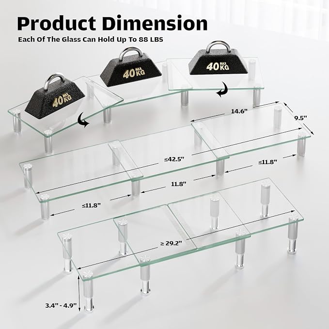 Hemudu Dual Monitor Stand -Adjustable Length and Angle Dual Monitor Riser, Desktop Organizer for PC, Computer, Laptop (Clear)
