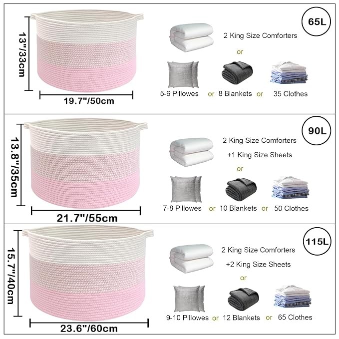 115L Extra Large Blanket Basket,Woven Rope Laundry Basket Hamper with Handles, Decorative Nursery Basket Storage Bin for Toys, Clothes Organizer, Living Room, Bedroom, Bathroom, Pink