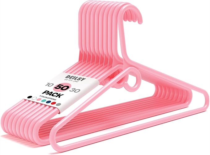 DEILSY™ Heavy Duty Plastic Hangers 50 Pack - Extra Heavy Duty Hangers for Clothes, Thick Pink Plastic Hangers, Strong Clothes Hangers with Hook for Scarves & Belts